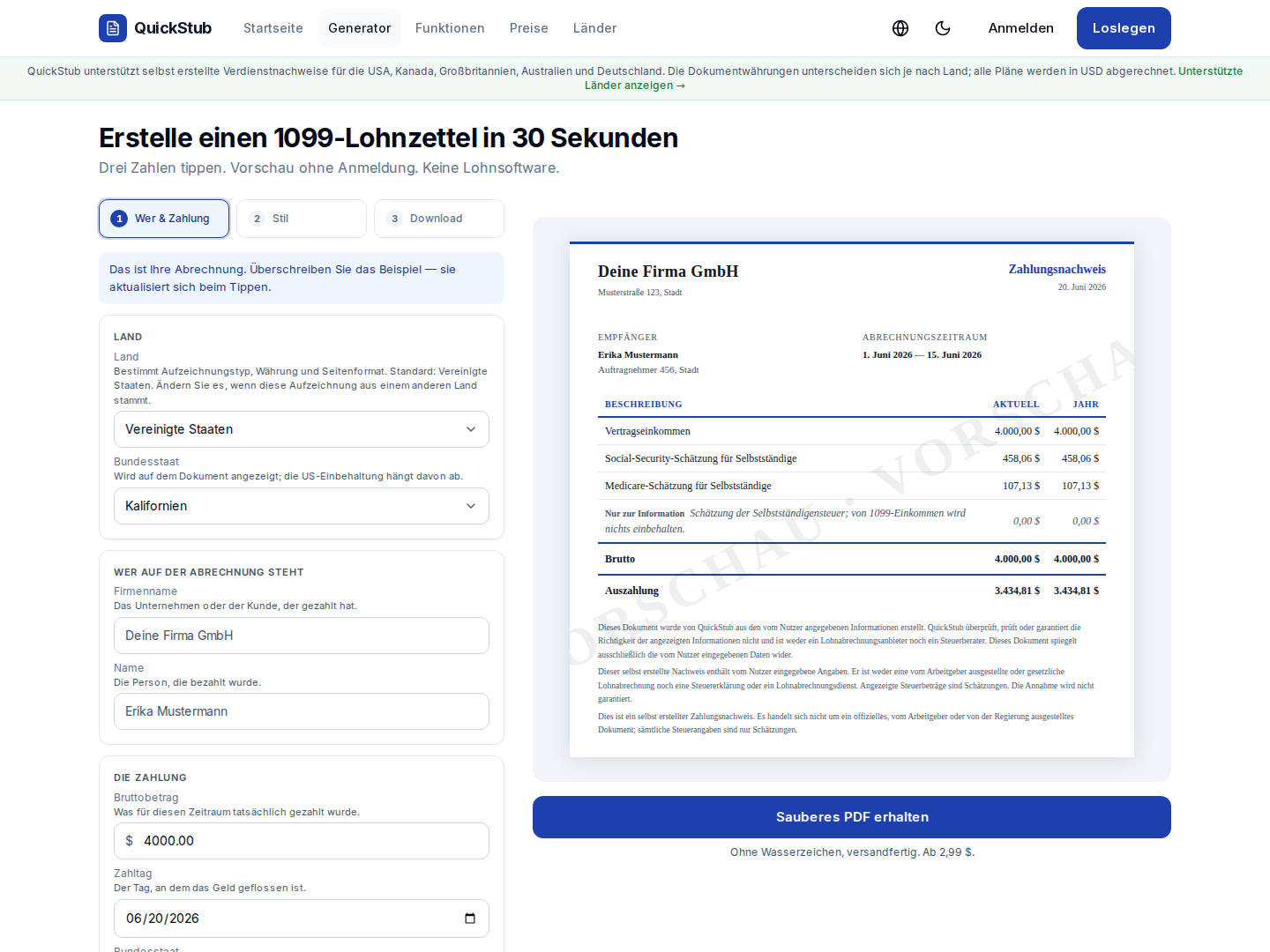 Lohnzettel-Generator mit Live-Vorschau. Kostenlose Wasserzeichen-Vorschau, sauberes PDF beim Download.