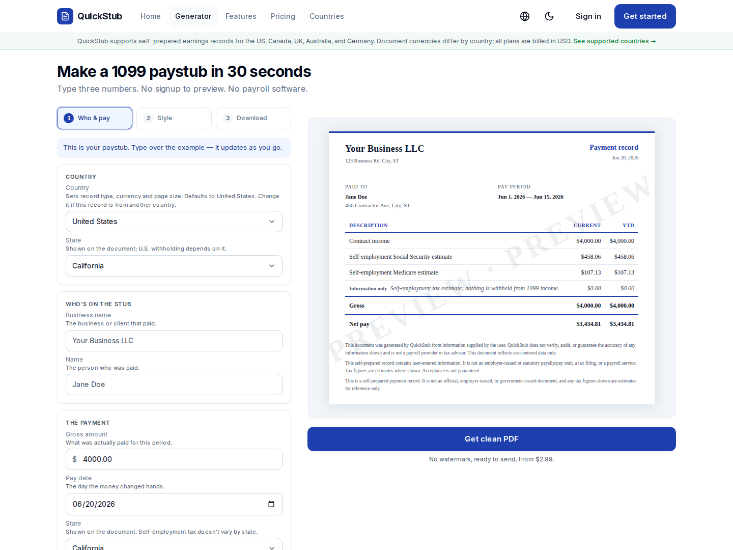 Live-preview paystub generator. Free watermarked preview, clean PDF on download.