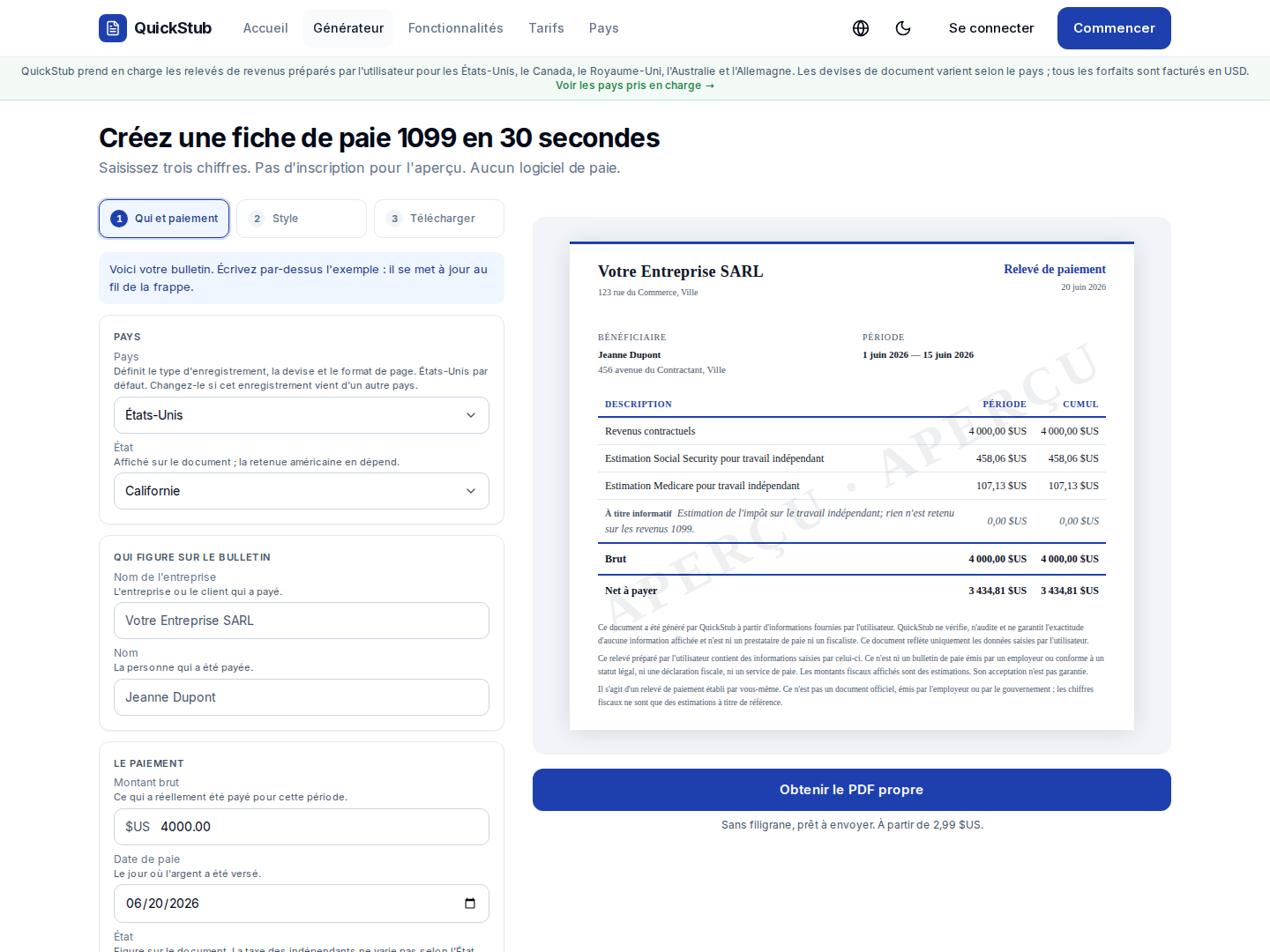 Générateur avec aperçu en direct. Aperçu filigrané gratuit, PDF propre à l'achat.